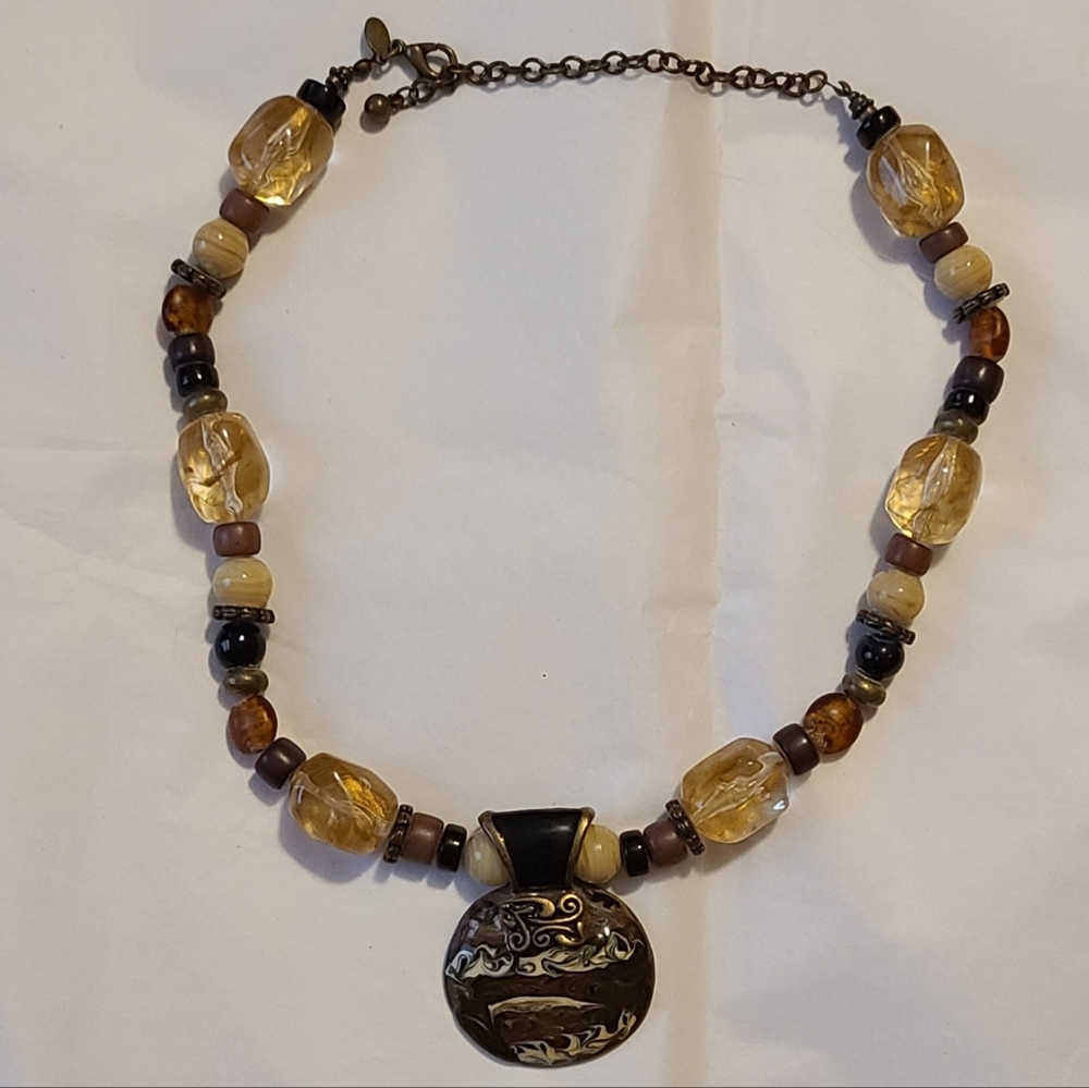 Chico’s Chunky Beaded Mixed Media Enamel Pendant Necklace!